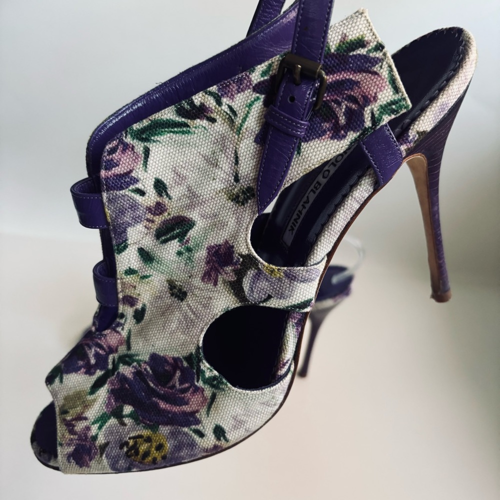 Manolo Blahnik Floral Cotton Slingback Purple Heels Sandals Shoe Size 11.5 - Picture 4 of 15